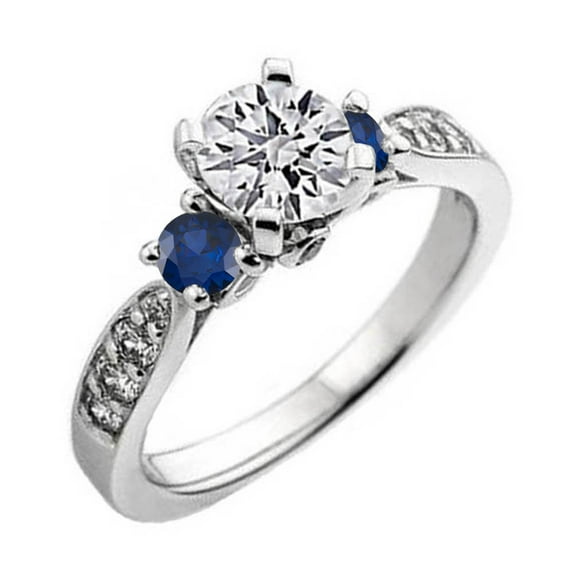 Dazzlingrock Collection 14K Round Blue Sapphire & White Diamond Ladies 3 Stone Bridal Engagement Ring, White Gold, Size 10