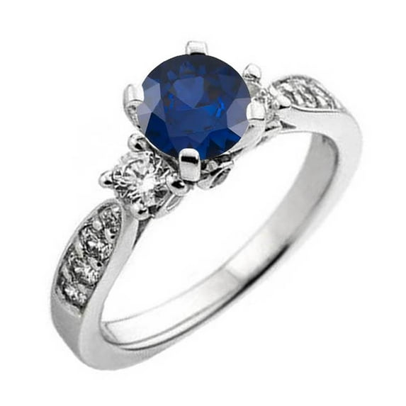 Dazzlingrock Collection 14K Round Blue Sapphire & White Diamond Ladies 3 Stone Bridal Engagement Ring, White Gold, Size 7.5