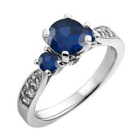 Dazzlingrock Collection 14K Round Blue Sapphire & White Diamond Ladies 3 Stone Bridal Engagement Ring, White Gold, Size 8