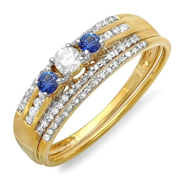 Dazzlingrock Collection 14K Round Blue Sapphire & White Diamond Ladies 3 Stone Bridal Ring Engagement Set, Yellow Gold, Size 7.5