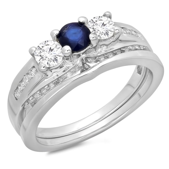 Dazzlingrock Collection 14K Round Blue Sapphire & White Diamond Ladies 3 Stone Engagement Ring, White Gold, Size 7.5