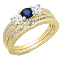 Dazzlingrock Collection 14K Round Blue Sapphire & White Diamond Ladies 3 Stone Engagement Ring, Yellow Gold, Size 6.5