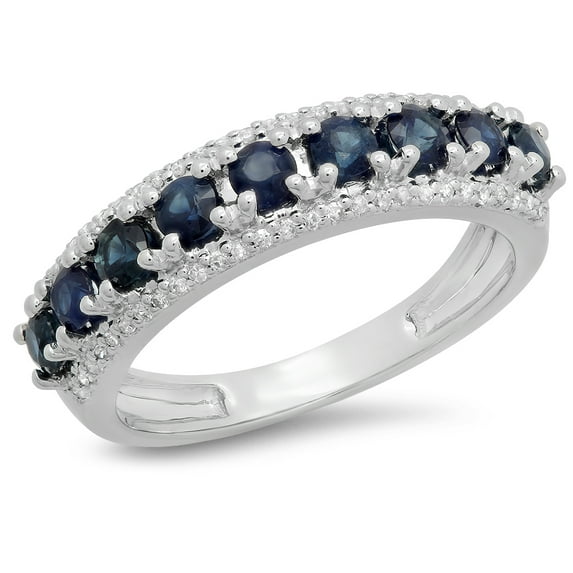 Dazzlingrock Collection 14K Round Blue Sapphire & White Diamond Ladies Anniversary Wedding Band, White Gold, Size 5.5