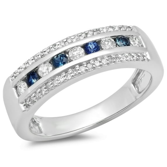 Dazzlingrock Collection 14K Round Blue Sapphire & White Diamond Ladies Anniversary Wedding Band, White Gold, Size 8.5
