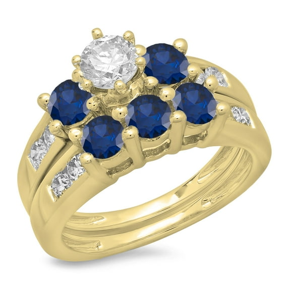 Dazzlingrock Collection 14K Round Blue Sapphire & White Diamond Ladies Bridal 3 Stone Engagement Ring Set, Yellow Gold, Size 8.5