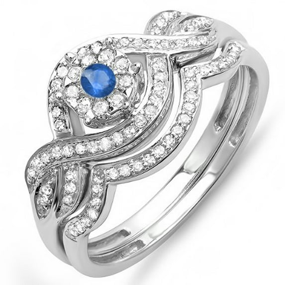 Dazzlingrock Collection 14K Round Blue Sapphire & White Diamond Ladies Bridal Engagement Ring Matching Set, White Gold, Size 5.5