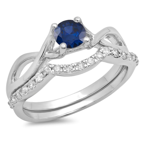 Dazzlingrock Collection 14K Round Blue Sapphire & White Diamond Ladies Bridal Engagement Ring Set 3/4 CT, White Gold, Size 8.5