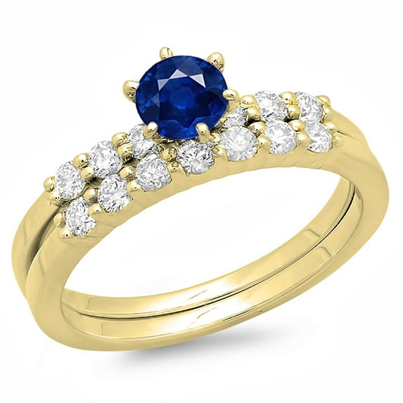Dazzlingrock Collection 14K Round Blue Sapphire & White Diamond Ladies Bridal Engagement Ring Set, Yellow Gold, Size 10