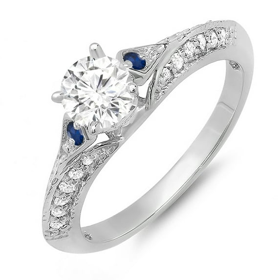 Dazzlingrock Collection 14K Round Blue Sapphire & White Diamond Ladies Bridal Engagement Ring, White Gold, Size 8