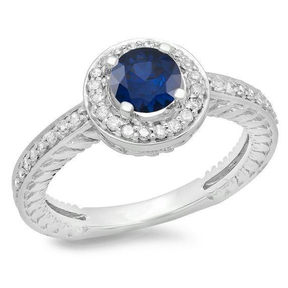 Dazzlingrock Collection 14K Round Blue Sapphire & White Diamond Ladies Bridal Halo Style Engagement Ring, White Gold, Size 6.5