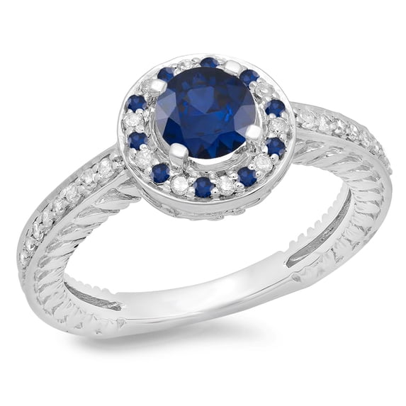 Dazzlingrock Collection 14K Round Blue Sapphire & White Diamond Ladies Bridal Halo Style Engagement Ring, White Gold, Size 7.5