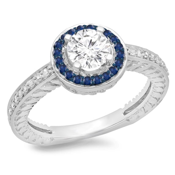 Dazzlingrock Collection 14K Round Blue Sapphire & White Diamond Ladies Bridal Halo Style Engagement Ring, White Gold, Size 8.5