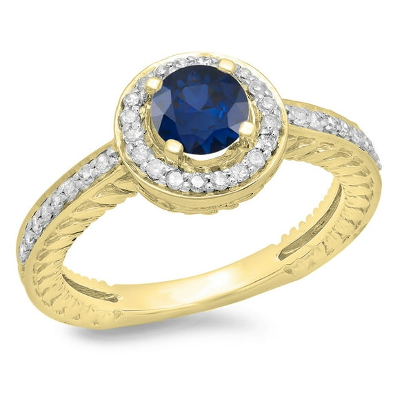 Dazzlingrock Collection 14K Round Blue Sapphire & White Diamond Ladies Bridal Halo Style Engagement Ring, Yellow Gold, Size 9