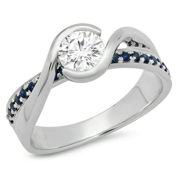 Dazzlingrock Collection 14K Round Blue Sapphire & White Diamond Ladies Bridal Twisted Engagement Ring, White Gold, Size 7