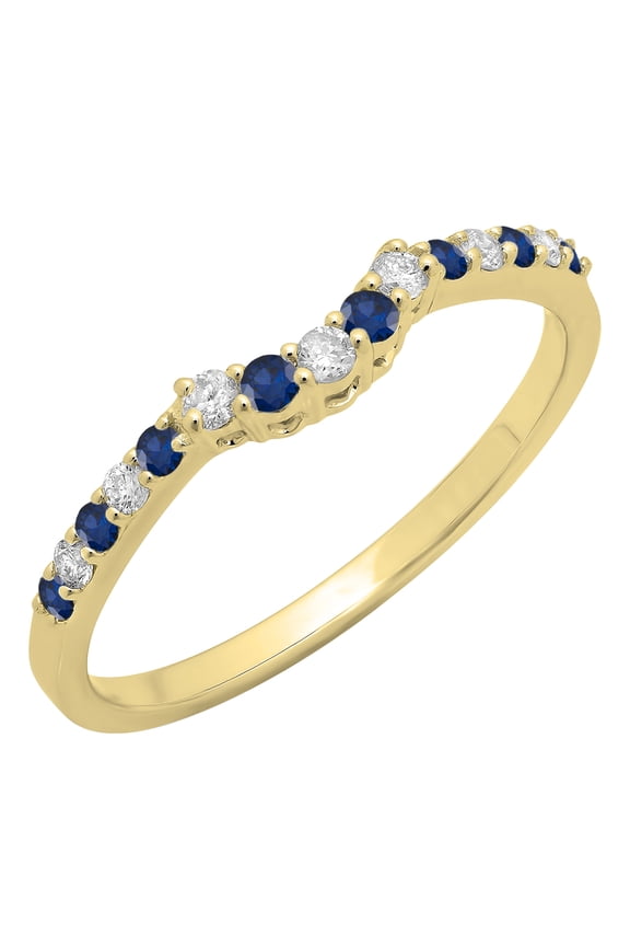 Collection Round Blue Sapphire & White Diamond Contour Stackable Wedding Band for Women in 14K Yellow Gold, Size 5.5