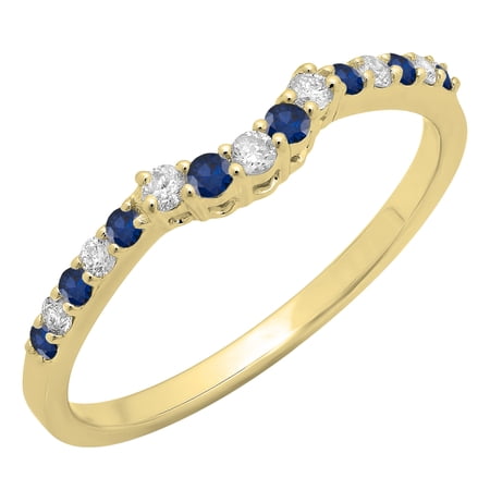Dazzlingrock Collection Round Blue Sapphire & White Diamond Contour Stackable Wedding Band for Women in 14K Yellow Gold, Size 7