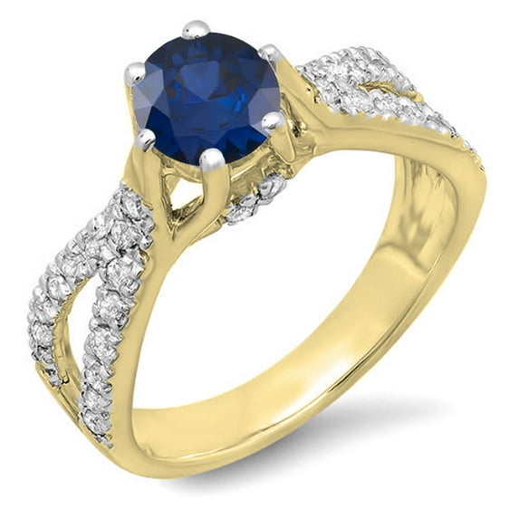 Dazzlingrock Collection 14K Round Blue Sapphire & White Diamond Ladies Engagement Bridal Split Shank Ring, Yellow Gold, Size 4.5