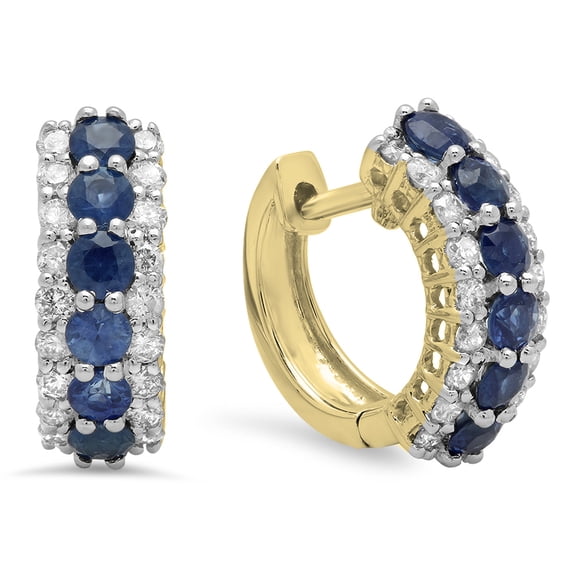 Dazzlingrock Collection 14K Round Blue Sapphire & White Diamond Ladies Huggies Hoop Earrings, Yellow Gold