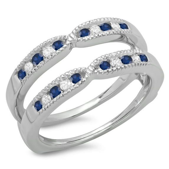 Dazzlingrock Collection 14K Round Blue Sapphire & White Diamond Ladies Millgrain Wedding Band Guard Ring, White Gold, Size 6