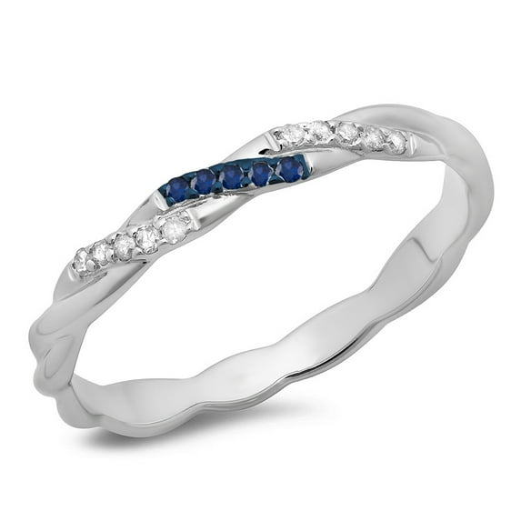 Dazzlingrock Collection 14K Round Blue Sapphire & White Diamond Ladies Swirl Wedding Band Stackable Ring, White Gold, Size 4