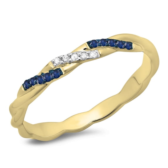 Dazzlingrock Collection 14K Round Blue Sapphire & White Diamond Ladies Swirl Wedding Band Stackable Ring, Yellow Gold, Size 4.5