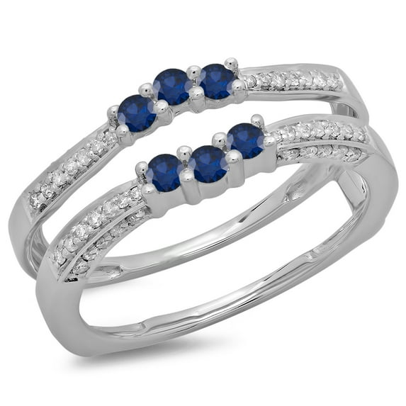 Dazzlingrock Collection 14K Round Blue Sapphire & White Diamond Ladies Wedding Band Enhancer Guard Ring, White Gold, Size 5