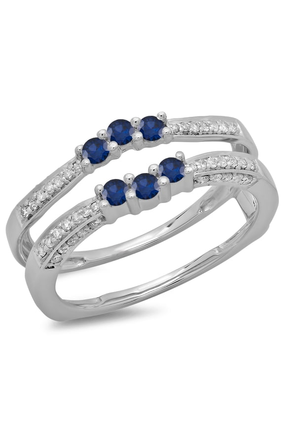 Collection 14K Round Blue Sapphire & White Diamond Ladies Wedding Band Enhancer Guard Ring, White Gold, Size 7