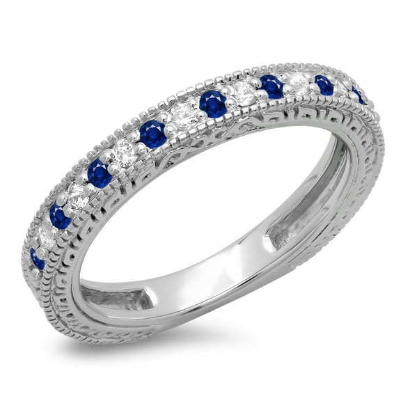 Dazzlingrock Collection 14K Round Blue Sapphire & White Diamond Millgrain Wedding Stackable Band, White Gold, Size 7