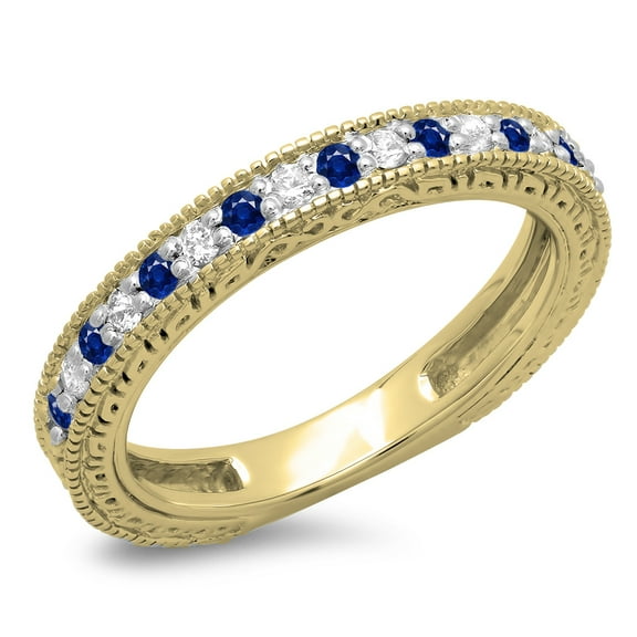 Dazzlingrock Collection 14K Round Blue Sapphire & White Diamond Millgrain Wedding Stackable Band, Yellow Gold, Size 6.5