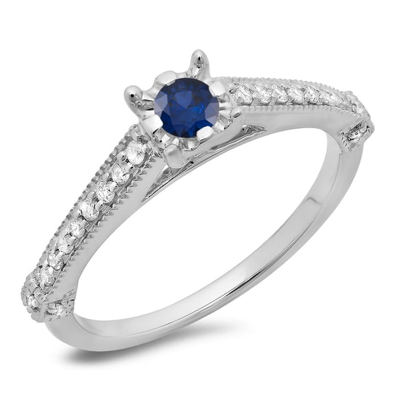 Dazzlingrock Collection 14K Round Blue Sapphire & White Diamond Solitaire With Accents Engagement Ring, White Gold, Size 8