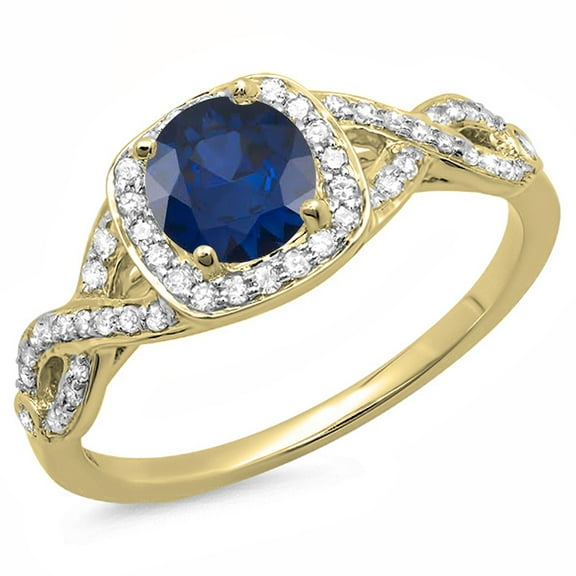 Dazzlingrock Collection 14K Round Blue Sapphire & White Diamond Split Shank Halo Engagement Ring, Yellow Gold, Size 7.5