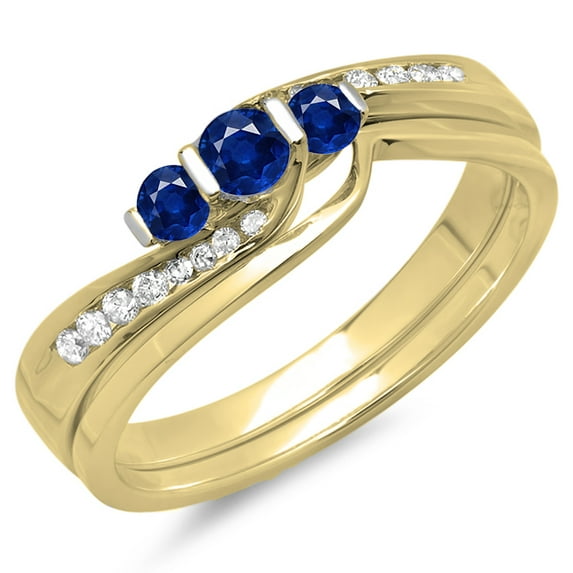 Dazzlingrock Collection 14K Round Blue Sapphire & White Diamond Swirl Bridal 3 Stone Ring Band Set, Yellow Gold, Size 8
