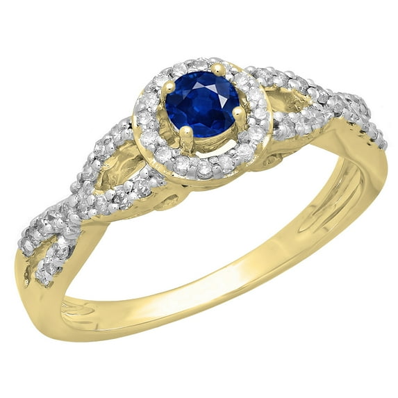 Dazzlingrock Collection 14K Round Blue Sapphire & White Diamond Swirl Bridal Halo Engagement Ring, Yellow Gold, Size 5