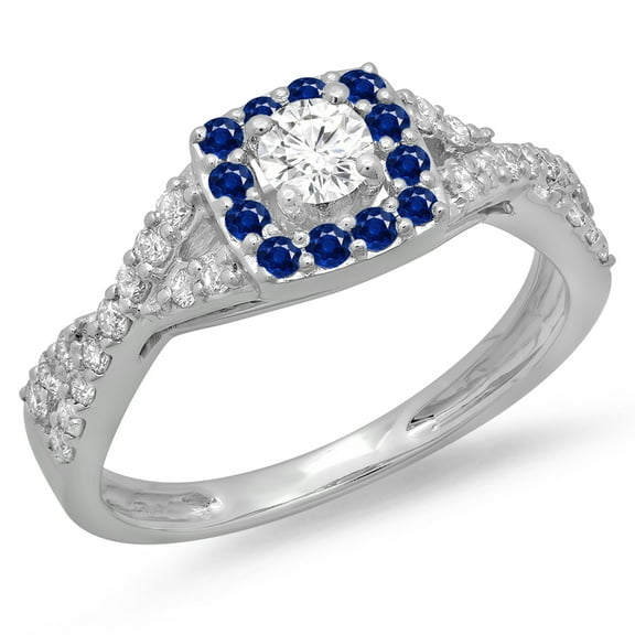Dazzlingrock Collection 14K Round Blue Sapphire & White Diamond Swirl Split Shank Engagement Ring, White Gold, Size 7