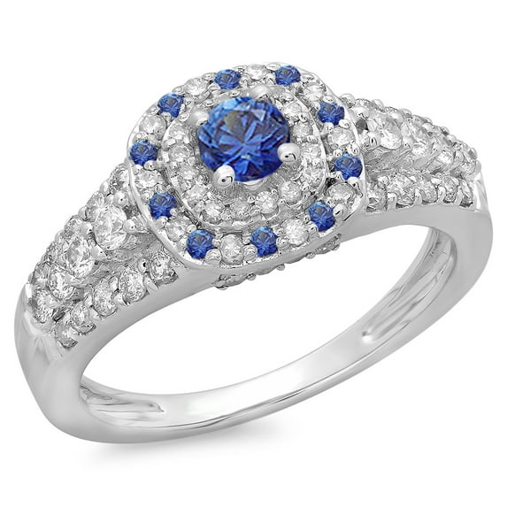Dazzlingrock Collection 14K Round Blue Sapphire & White Diamond Vintage Bridal Halo Engagement Ring, White Gold, Size 7.5