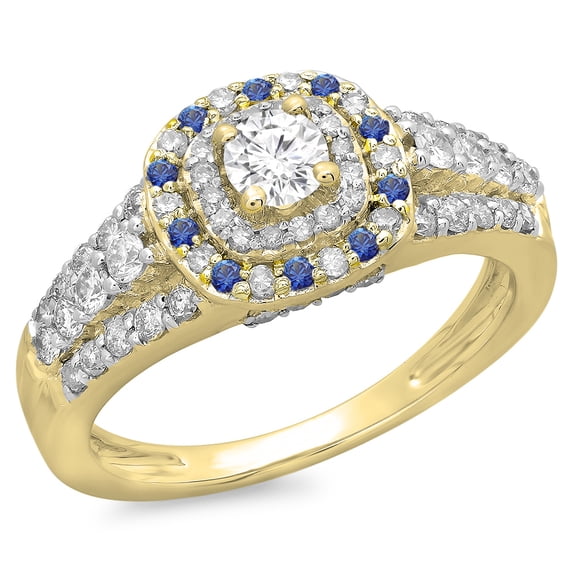 Dazzlingrock Collection 14K Round Blue Sapphire & White Diamond Vintage Bridal Halo Engagement Ring, Yellow Gold, Size 9