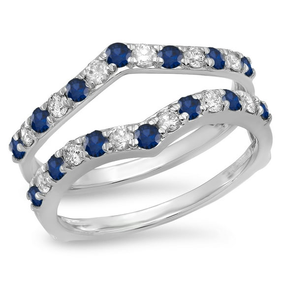 Dazzlingrock Collection 14K Round Blue Sapphire & White Diamond Wedding Enhancer Guard Double Band 1 CT, White Gold, Size 7.5