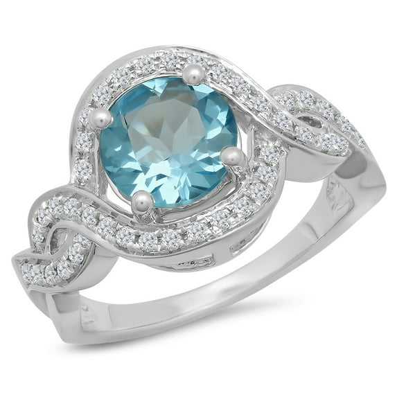Dazzlingrock Collection 14K Round Blue Topaz & White Diamond Ladies Bridal Split Shank Engagement Ring, White Gold, Size 10