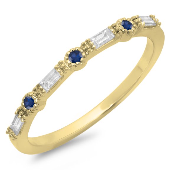 Dazzlingrock Collection 14K Round Cut Blue Sapphire & Baguette Cut White Diamond Anniversary Wedding Band, Yellow Gold, Size 9.5