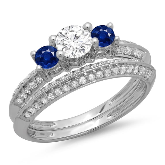 Dazzlingrock Collection 14K Round Cut Blue Sapphire & White Diamond 3 Stone Bridal Engagement Ring Set, White Gold, Size 6