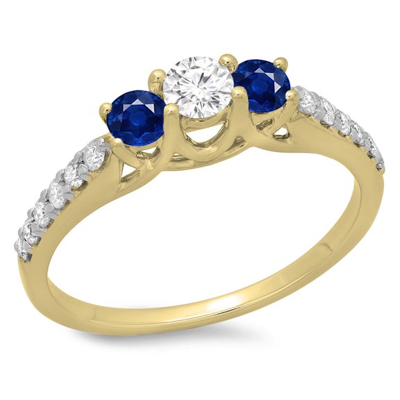 Dazzlingrock Collection 14K Round Cut Blue Sapphire & White Diamond Bridal 3 Stone Engagement Ring, Yellow Gold, Size 8