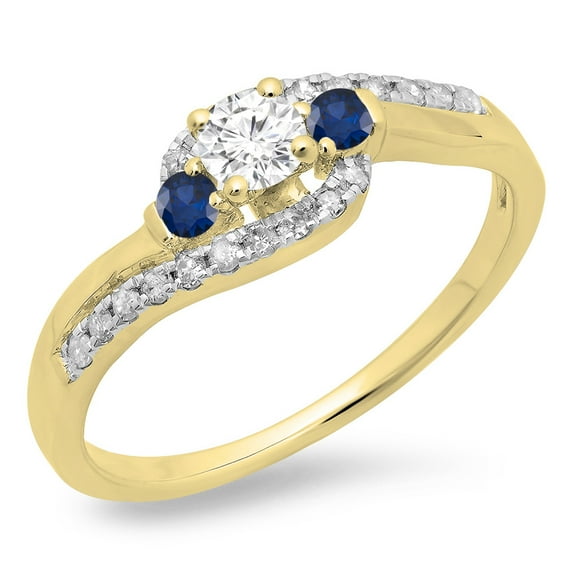 Dazzlingrock Collection 14K Round Cut Blue Sapphire & White Diamond Bridal Bypass 3 Stone Engagement Ring, Yellow Gold, Size 9.5