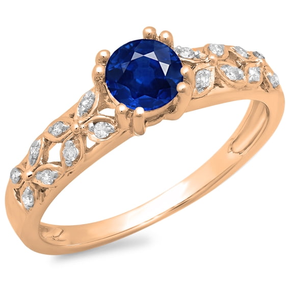 Dazzlingrock Collection 14K Round Cut Blue Sapphire & White Diamond Bridal Vintage Style Engagement Ring, Rose Gold, Size 7.5