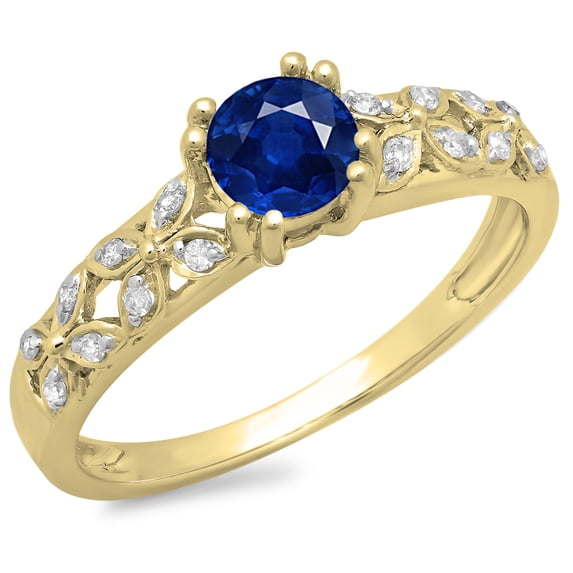 Dazzlingrock Collection 14K Round Cut Blue Sapphire & White Diamond Bridal Vintage Style Engagement Ring, Yellow Gold, Size 7