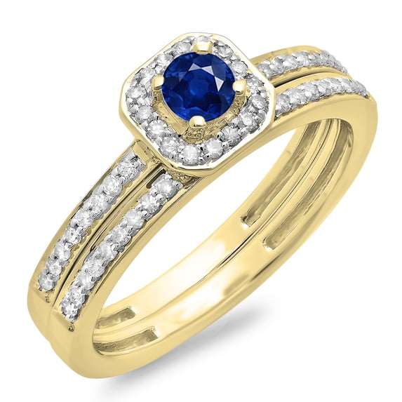 Dazzlingrock Collection 14K Round Cut Blue Sapphire & White Diamond Halo Engagement Bridal Ring Set, Yellow Gold, Size 5