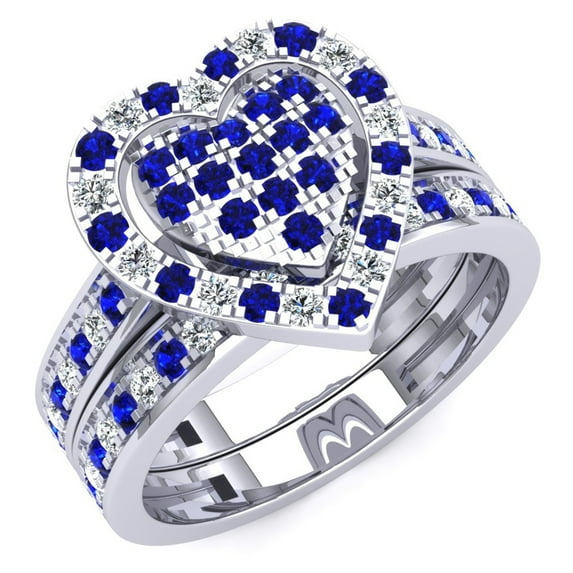 Dazzlingrock Collection 14K Round Cut Blue Sapphire & White Diamond Heart Bridal Engagement Ring Band Set, White Gold, Size 8