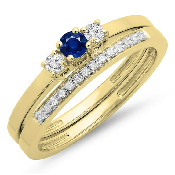 Dazzlingrock Collection 14K Round Cut Blue Sapphire & White Diamond Ladies Engagement 3 Stone Ring Set, Yellow Gold, Size 5.5