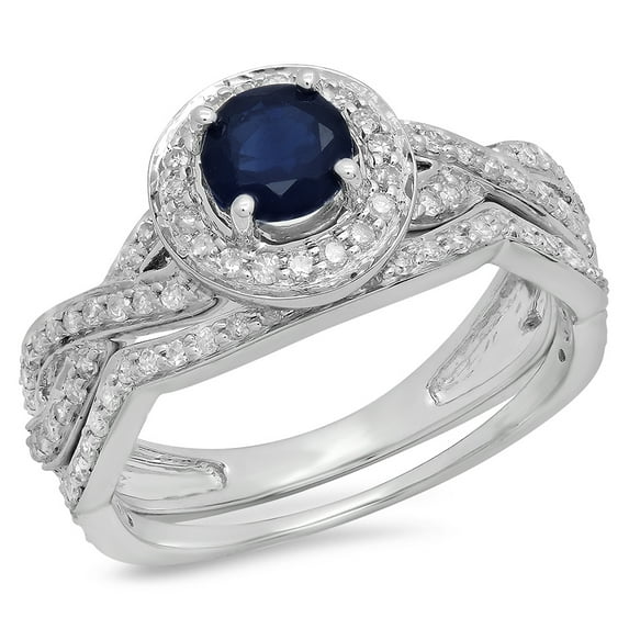 Dazzlingrock Collection 14K Round Cut Blue Sapphire & White Diamond Swirl Bridal Halo Engagement Ring Set, White Gold, Size 4.5