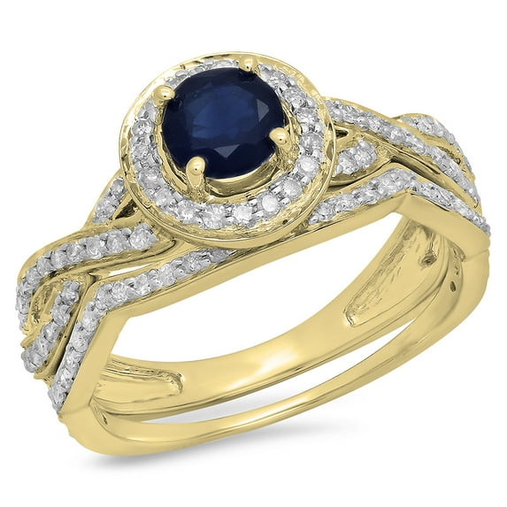 Dazzlingrock Collection 14K Round Cut Blue Sapphire & White Diamond Swirl Bridal Halo Engagement Ring Set, Yellow Gold, Size 10