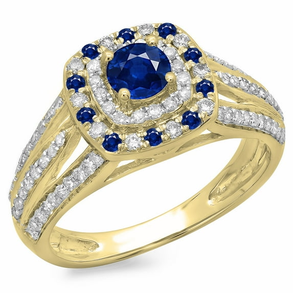 Dazzlingrock Collection 14K Round Cut Blue Sapphire & White Diamond Vintage Style Bridal Halo Ring, Yellow Gold, Size 7